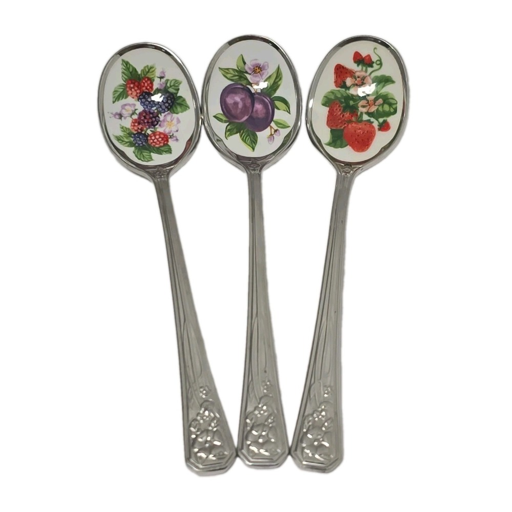 Vintage Avon Enamel Fruit Jelly 5" Natures Best Spoons Stainless Steel Set of 3